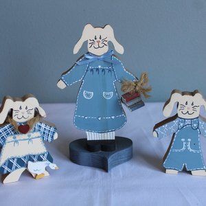 Set of 3 Handmade Painted Wood Folk Art Rabbit Cutouts Mom, Boy, Girl